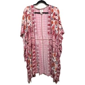 Knox Rose Floral Open Kimono Swim Coverup Red Cream Size M/L